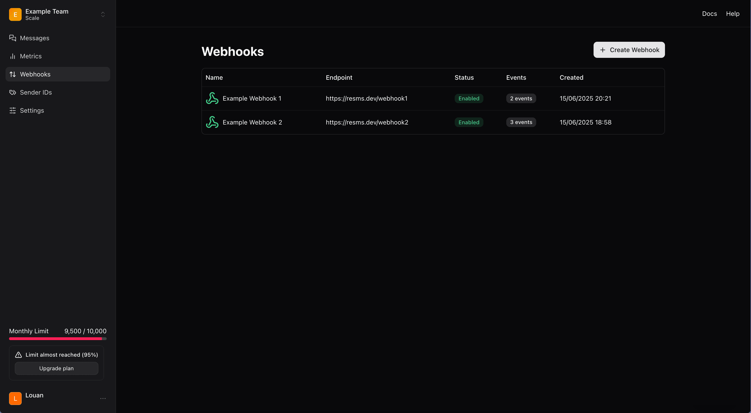 Webhooks Dashboard